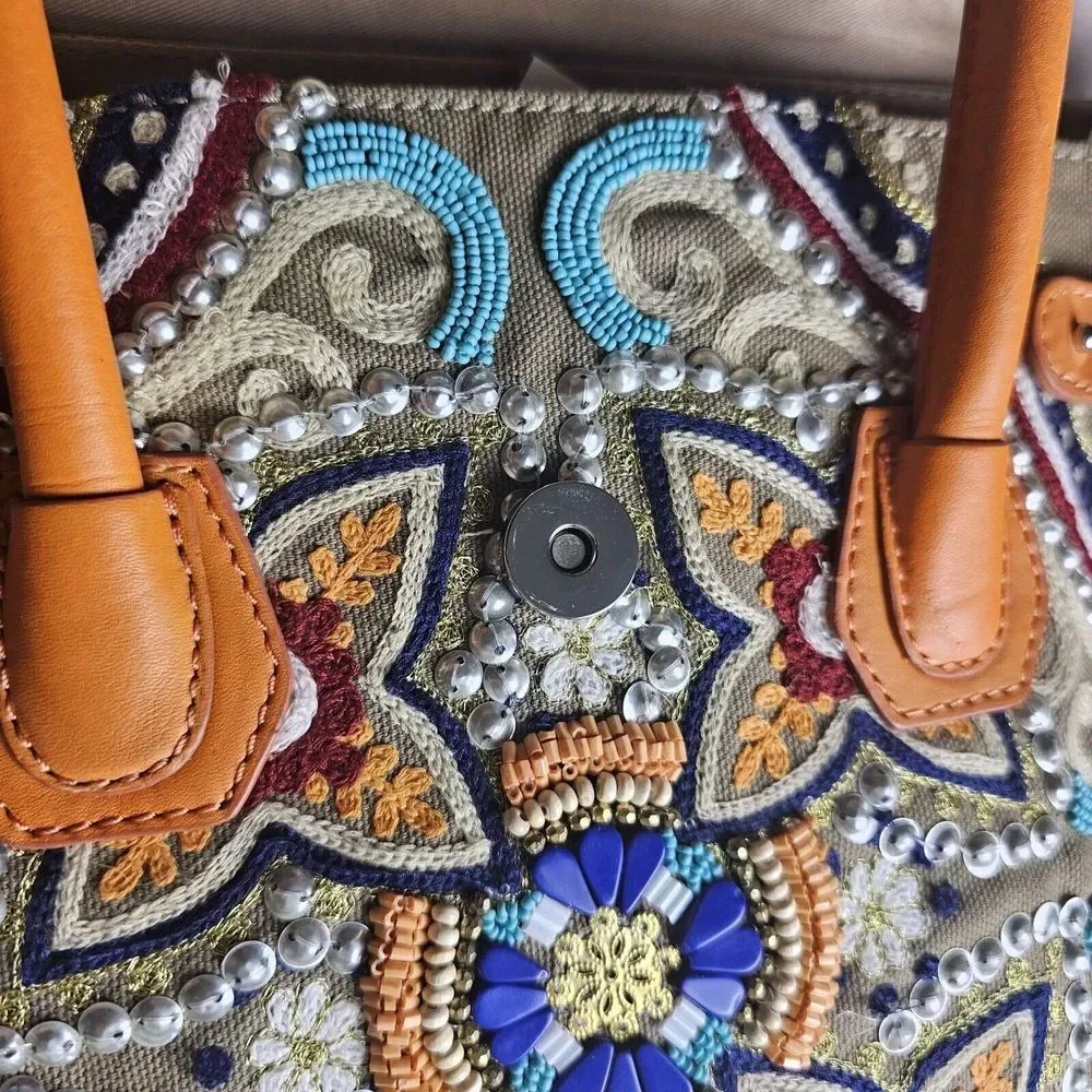 Sam Edelman Sylvia Purse Handbag Crossbody Embroidered Beads Leather Orange Boho - Picture 8 of 14